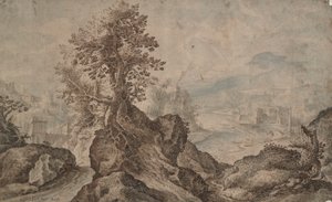 Rotsachtig Landschap met Steden in de Verte door Unknown