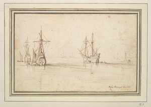 Zeeschepen voor anker in kalm water door Unknown