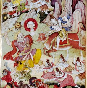 Siva vernietigt de demon Andhaka, Harivamsa manuscript, Mughul, ca. 1590 door Unknown