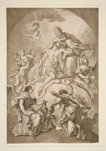 De Hemelvaart van Christus met God de Vader en Engelen door Unknown