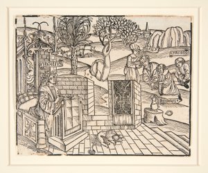 De herders Chromis en Mnasyle binden de slapende Silenus vast. 1502. Uit een geïllustreerde publicatie van Virgil door Unknown