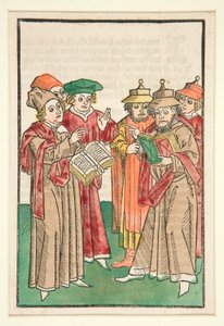 Drie christelijke en drie joodse geleerden in discussie, illustratie uit Der Seelen-Wurzgarten door Unknown