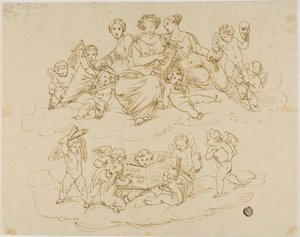 De drie muzen (Urania, Terpsichore en Thalia) met putti door Unknown