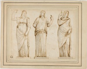 Drie Romeinse Beelden van Gedrapeerde Vrouwelijke Figuren en Schets van een Ander Standbeeld in Profiel naar Rechts