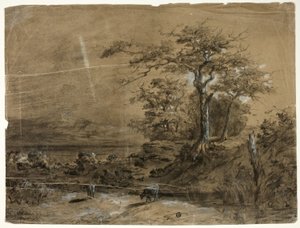 Boslandschap met koeien op de voorgrond door Unknown