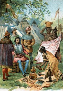 1518 - 1519: Fernand Cortez vertrekt voor de verovering van Mexico en ontvangt de geschenken van keizer Montezuma door Unknown artist