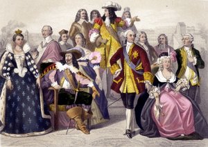 1610 tot 1774. Marie de Medici, Lodewijk XIII, Lodewijk XV, Marie Antoinette en Lodewijk XVI. Gravure van de 19e eeuw door Unknown artist
