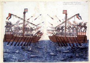 16e-eeuwse gravure die de ontmoeting met een piratenschip in de Indische Oceaan voorstelt. Rome biblioteca Casantense. door Unknown artist