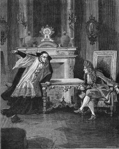 1715: de koning van Frankrijk Lodewijk XIV (1638-1715) hoort de woorden van pater Michel Le Tellier (1643-1719), zijn jezuïet biechtvader. Gravure uit de 19e eeuw. In 
