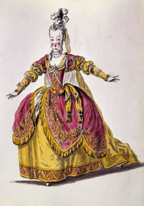 18e eeuws theaterkostuum, gravure van de 19e eeuw