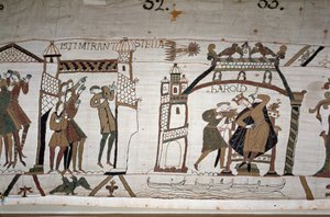 32: De verschijning van de komeet; 33: Een boodschapper waarschuwt koning Harold II (1022 - 1066) - Tapijt van Bayeux, bekend als Borduurwerk van Koningin Mathilde door Unknown artist
