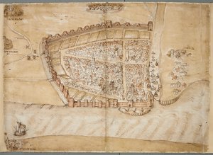 Een 16e-eeuwse weergave van de stad Hull. Deze kaart toont de stad Hull, gelegen waar de rivier de Hull uitmondt in de Humber-estuarium. Het is een van een reeks plannen die werden getekend om de staat van de kustverdediging in de late 1530s te tonen