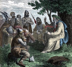 Een bard die voordraagt aan Noormannen - Vikingbeschaving: Een bard druïde draagt poëzie voor aan krijgers, 8e-9e eeuw door Unknown artist