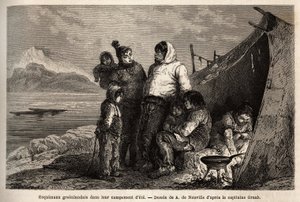 Een Groenlandse Inuit-familie in hun zomerkamp van huiden. Gravure ter illustratie van de reis naar de vrije zee van de Noordpool, door Doctor Hayes, chirurg van de Amerikaanse marine, in 1860-1862, gepubliceerd in 
