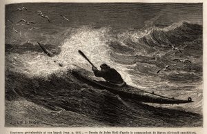 Een Groenlandse kajak, die de golfbarrière passeert. Gravure ter illustratie van de reis naar de vrije zee van de Noordpool, door dokter Hayes, chirurg van de Amerikaanse marine, in 1860-1862, gepubliceerd in 