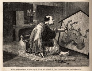 Een Japanse kunstenaar schildert een yema (legendarisch paardenschilderij). Gravure ter illustratie van de reis naar Japan, in 1863-1864, door Aime Humbert, minister van de Zwitserse Confederatie, in Le tour du monde, nouveau journal des voyages door Unknown artist