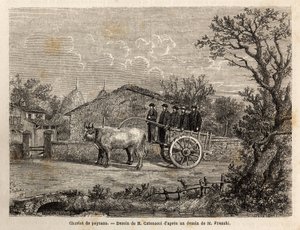 Een Sienese kar van boeren, met twee wielen, voor het transport van wijnvaten, getrokken door een paar kleine witte ossen. Gravure om een reis naar Siena (Italië) in 1865 te illustreren, in 