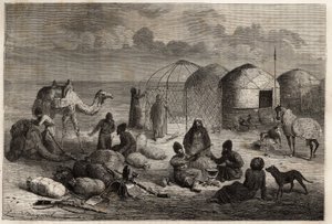 Een Turcoman kamp in het grensgebied van Turkestan en Perzië, elke tent, gemaakt van houten traliewerk en bedekt met vilt, herbergt een gezin. Gravure ter illustratie van het verhaal van Henri de Blocqueville 