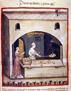Een bakker bereidt wit brood en griesmeelbrood. Verlichting uit de melk van geneeskunde en diëtetiek “Tacuinum sanitatis” door Unknown artist