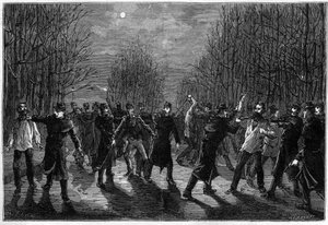 Een afranseling van criminelen in het Bois de Boulogne in Parijs in 1883