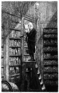 Een bibliothecaris op zijn ladder die boeken op planken onderzoekt. Gravure uit de 19e eeuw