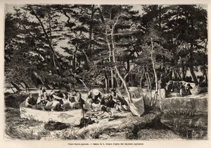 Een bourgeois picknick in de buitenwijken van Edo (het huidige Tokio), binnen een stoffen omheining, gasten, meestal twee families, delen hun maaltijd en vaak geschikt voor de gelegenheid voor muzikanten, dansers en pantomimes. Gravure ter illustratie van 