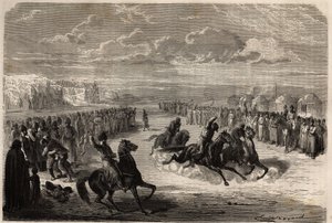 Een wedstrijd van worstelen met blote handen en een paardenrace onder de Turkmenen