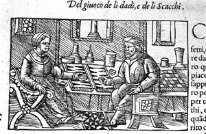 Een paar dat dobbelstenen speelt. Gravure naar 