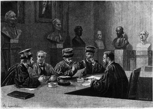 Een verdediging van deze uit de medische school van het Latijnse Kwartier in Parijs. Gravure in 