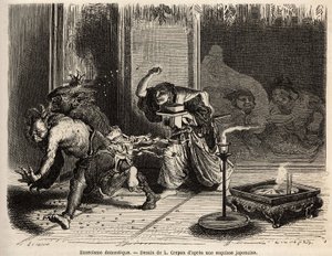 Een huiselijk exorcisme, ceremonie van de oni arahi, het hoofd van het huis gekleed in zijn mooiste kleren, zwaard aan de riem, loopt om middernacht door de kamers van zijn huis en gooit geroosterde bonen om demonen te verjagen en de god van rijkdom en zij door Unknown artist
