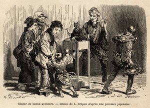 Een waarzegger in de straten van Edo (nu Tokio). Gravure ter illustratie van de reis naar Japan, door Aime Humbert, minister van de Zwitserse Confederatie, in 1863-1864, gepubliceerd in Le tour du monde, onder leiding van Edouard Charton, Hachette, Parijs door Unknown artist