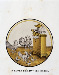 Een vos preekt voor kippen (Renart-roman) - religieuze karikatuur, Limoges