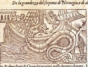 Een gigantische zeeslang valt een schip aan en verslaat de bemanning. Gravure door Olaus Magnus (1490 - 1557), Zweedse geestelijke en geograaf, 