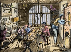Een goudsmid werkplaats - Ambacht: zicht op de werkplaats door Etienne Delaune (1518-1583), goudsmid, Franse drukker. Gravure naar een origineel uit 1576 door Unknown artist