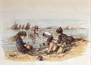 Een groep kinderen die bij het water op het zand spelen. 1881 door Unknown artist