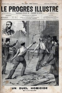 Een moorddadig duel - Op 1 maart 1895, een duel met de speer tussen twee leden van het Comité van Frans Afrika, die voorheen goede kameraden waren, Alfred Le Chatelier en Hippolyte Percher, alias Harry Alis