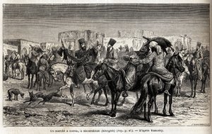 Een paardentocht in Shurakhan (Kirgizië). Illustratie van de reis naar Centraal-Azië, in 1863, door Arminius Vambery (Hongaarse wetenschapper vermomd als derwisj). Gravure in 
