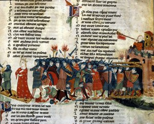 Een koning wordt gevangengenomen en meegenomen door het vijandelijke leger terwijl de slachtoffers van de slag op de grond liggen. Miniatuur van de “Roman de Troy” door Benoit de Saint Maure. 14e eeuw Biblioteca Marciana, Venetië door Unknown artist