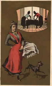 Een wasmachine die wasgoed in een mand draagt. Anonieme chromolithografie, eind 19e eeuw.