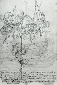 Een man probeert de romp van een boot te repareren met een masker. door Unknown artist