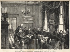 Een bijeenkomst van de Europese Conferentie van Constantinopel Servisch-Bulgaarse Oorlog, Turkije - Servisch-Bulgaarse Oorlog - Een bijeenkomst van de diplomatieke conferentie in Constantinopel - 1885 - in het illustere universum van 1886 (Alexander van Na door Unknown artist