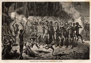 Een pilou-pilou (of pil of pil) in de nacht, een traditionele dans van Kanak-stamceremonies. Gravure ter illustratie van de reis naar Nieuw-Caledonië, door Jules Garnier, civiel ingenieur van mijnen, in 1863-1866, gepubliceerd in 