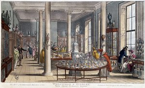 Een porseleinwinkel in Londen (Engeland) Wedgwood & Byerley - Lithografie rond 1800