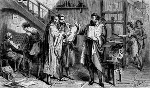 Een drukkerij in de 15e eeuw, gravure 19e eeuw