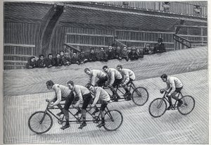 Een recordman-fietser met zijn trainers op tripletreinen op een fietsbaan. Gravure in "La Nature" door Unknown artist