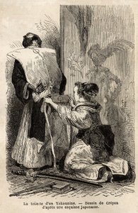 De toilet van een samoerai, een jonge meid helpt haar kimono vast te maken door Unknown artist