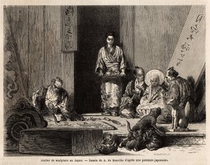 Een beeldhouwatelier in Yedo (of Edo, het huidige Tokio), graniet snoeien voor de vervaardiging van pilaren, beeldjes, kandelaars en grafstenen, evenals houtsnijwerk, voor de vervaardiging van altaarpanelen, decoratief houtsnijwerk, doodskisten en chimeris