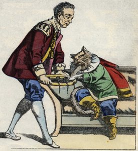 Een dienaar serveert de kat laarzen een muizen dienblad. Illustratie van het sprookje 