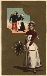 Een dienstmeisje met een veer. Ze droomde van de arm van een knappe soldaat. Anonieme chromolithografie, eind 19e eeuw.