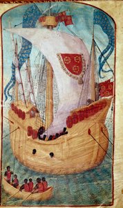 Een schip met zeil versierd met het wapen van Louis Malet (1441-1516), heer van Granville. Miniatuur van Olivier de la Marche (1425-1502) 1483 Chantilly, Musee Conde